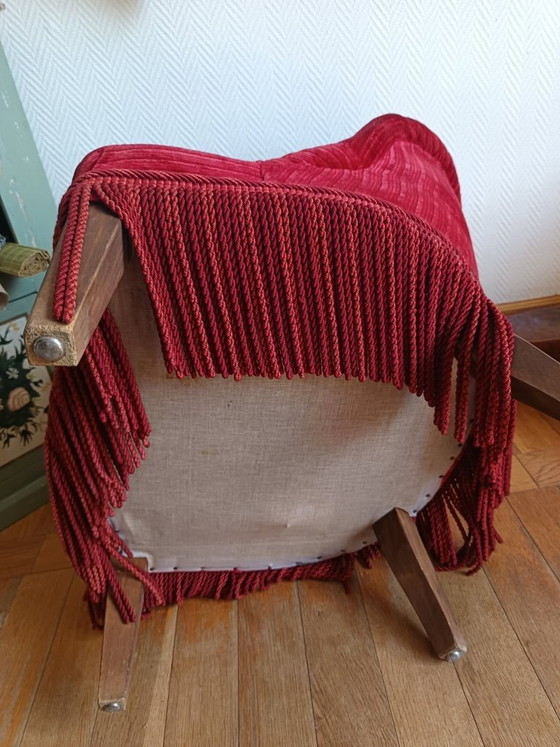 Image 1 of Rode fluwelen paddenstoelfauteuil met franjes