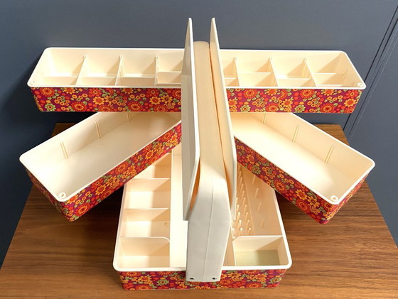 Image 1 of 1970s plastic sewing box with flowerprint in original box