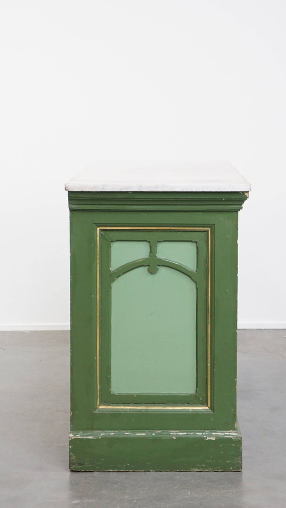 Image 1 of Antico bancone/comò verde della fine del XIX/inizio del XX secolo con piano in marmo
