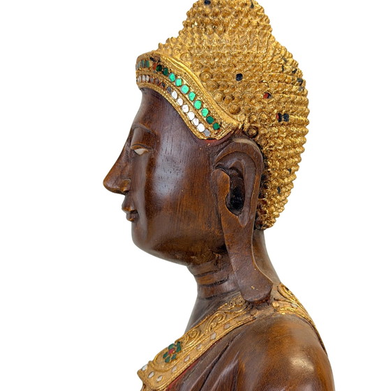 Antique Burmese Mandalay Wooden Buddha – Bhumisparsha – c. – Sculpture, Glass (photo 18 of 23)