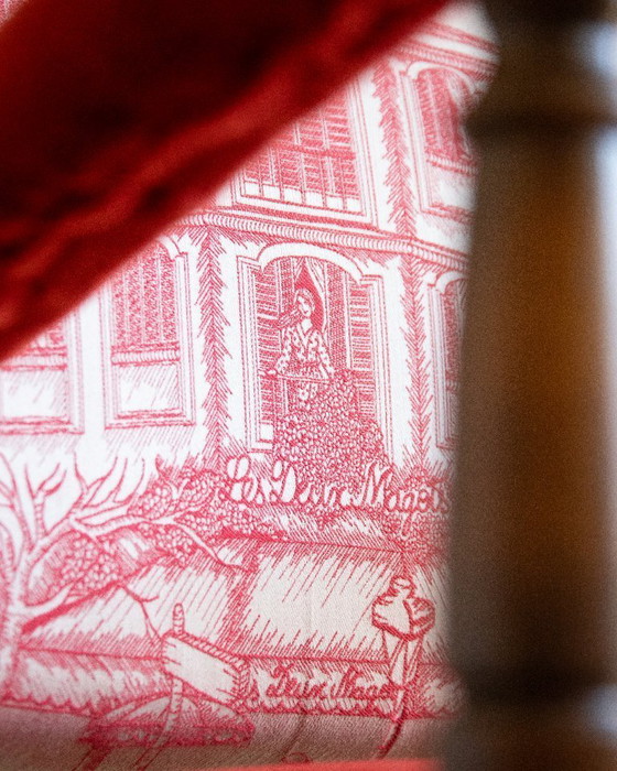 Image 1 of Fauteuil de style Louis XV – Velours mohair rouge – Imprimé café parisien