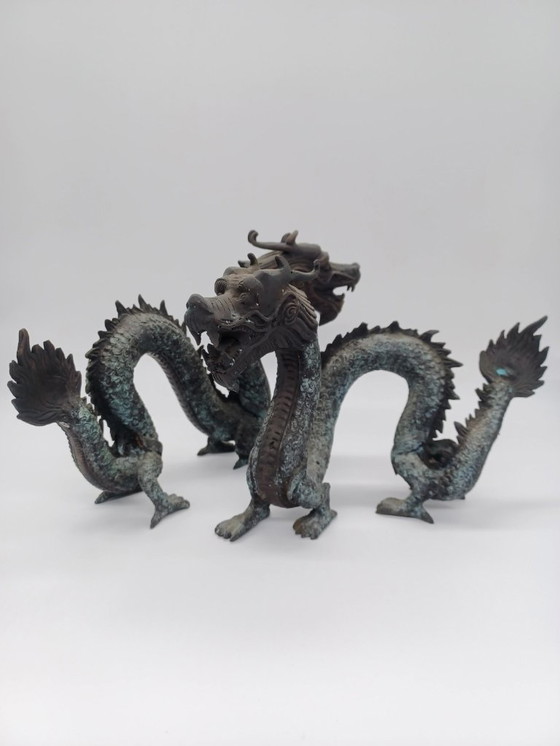 Image 1 of Paire de sculptures Dragons antique en bronze