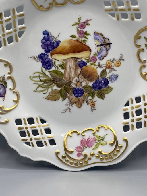 Pierced Porcelain Dessert Plate – Mushroom and Butterfly Design – Unique Hand-Painted Piece – Tarasque 1999 (photo 2 of 3)