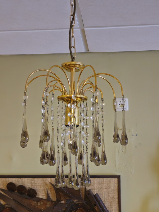 Vintage Murano Teardrop Chandelier Pendant Lamp Smoke Brass