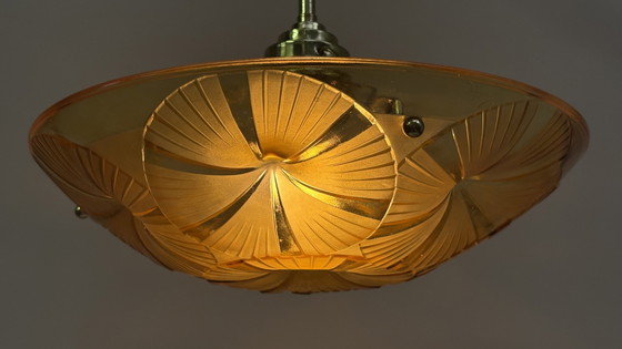 Image 1 of Hubens & Degué ceiling lamp chandelier Art Deco amber colored glass