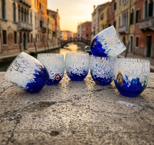 Set di 6 bicchieri in vetro soffiato veneziano con murrine Effetre Murano fuse nel vetro, hand made in italy.