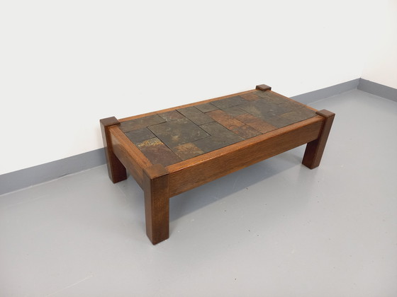 Image 1 of Table Basse Vintage Brutaliste en Chêne et Ardoise des Années 60-70