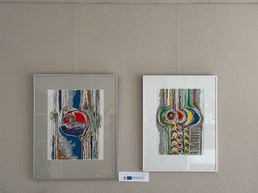 2x dibujos en técnica mixta, sin enmarcar