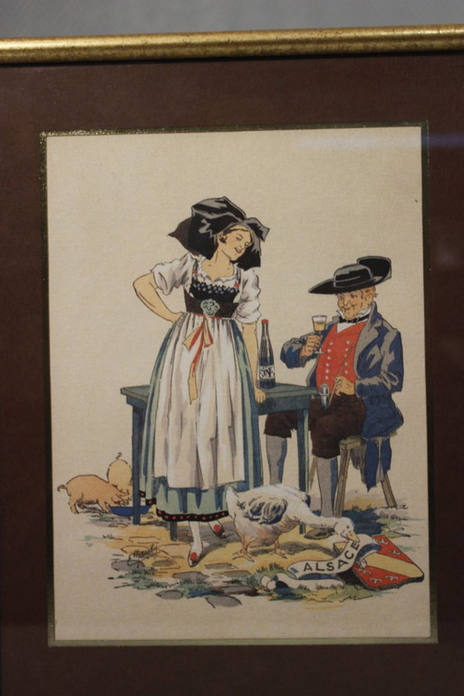 E. Maudy, Lithografie mit Gouache-Veredelung, ein elsässisches Paar in traditioneller elsässischer Tracht