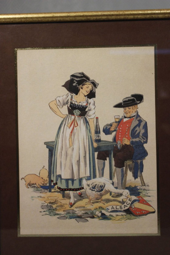 Image 1 of E. Maudy, Lithografie mit Gouache-Veredelung, ein elsässisches Paar in traditioneller elsässischer Tracht