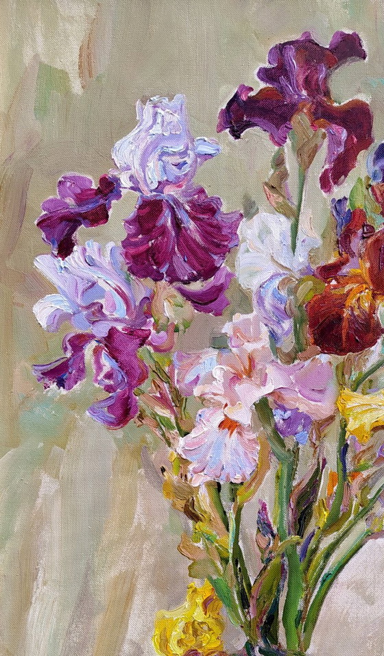 Origineel Olieverfschilderij Stilleven Bloemen Boeket Irissen – Schilderijen & Tekeningen, Canvas (photo 2 of 5)