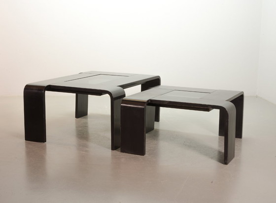 Image 1 of Vierkante Ake Fribyter Stijl Zwart Gelakt Multiplex Salontafel met Rookglas Paneel, 1970.