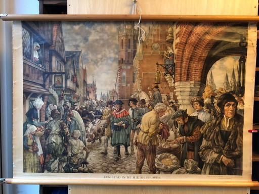 Vintage schoolplaat schoolkaart Een Stad in de Middeleeuwen 110 x 75  JB Wolters Groningen