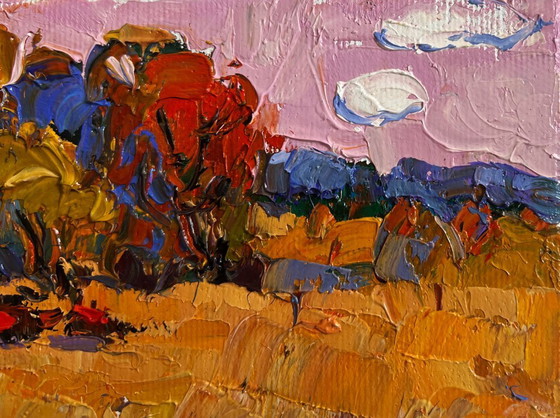 Image 1 of Original Oil Painting Evening Field Landscape On the autumn steppes