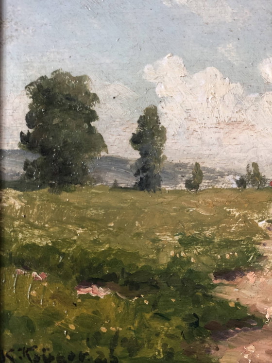 Image 1 of Peinture à l'huile originale vintage représentant un paysage de cottage : œuvre d'art encadrée
