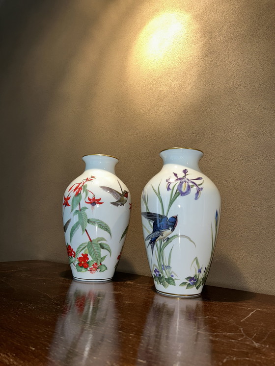 Image 1 of Franklin Porcelain The Garden Bird Vase & The Meadowland Bird Vase 