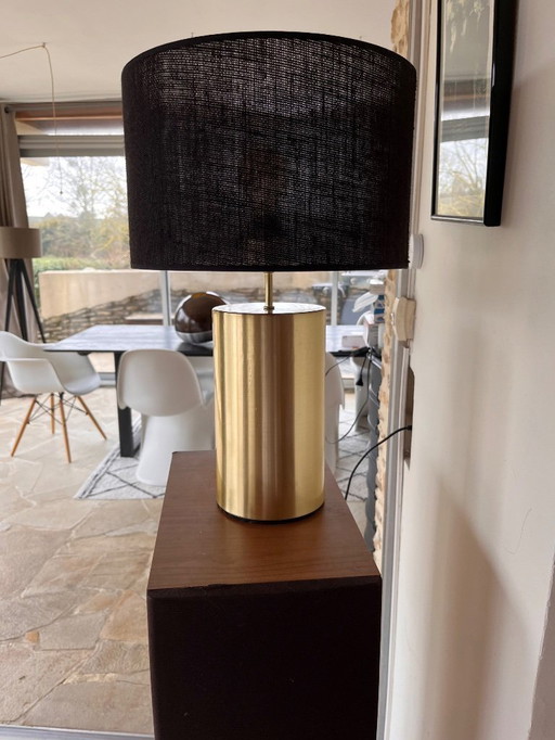 table lamp, gold metal and black jute