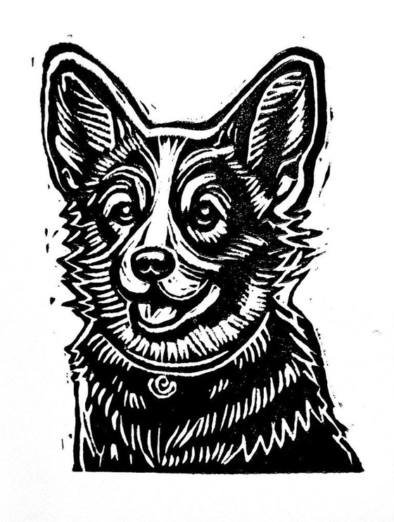 Image 1 of Linoleografia fatta a mano, ritratto di animale domestico, Corgi