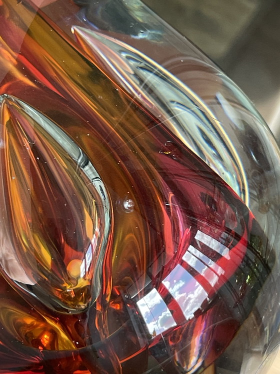 Image 1 of Ozzaro Studio-Kunstglas „Regentropfen“, signiertes orange-rotes Kristall aus Böhmen