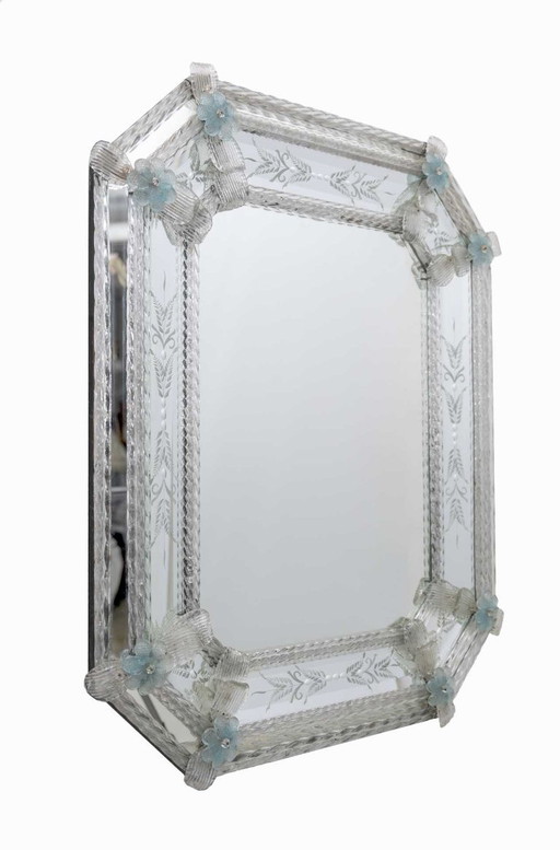 20th Century Venetian Murano Glass Flowers Octagonal Mirror