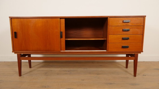 Wooden Sideboard with Sliding Doors and Drawers, Brown, Mid Century Modern (photo 7 of 9)