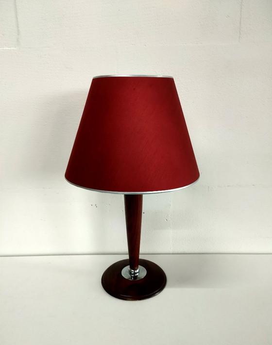 Lampe vintage Maison Lucien Gau (Variante personnalisée unique)., Bois, Chrome, Rouge (photo 7 sur 10)
