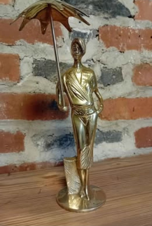 Statuetta Art Déco in ottone massiccio – Elegante donna con ombrellino – decoratieve objecten, Brass