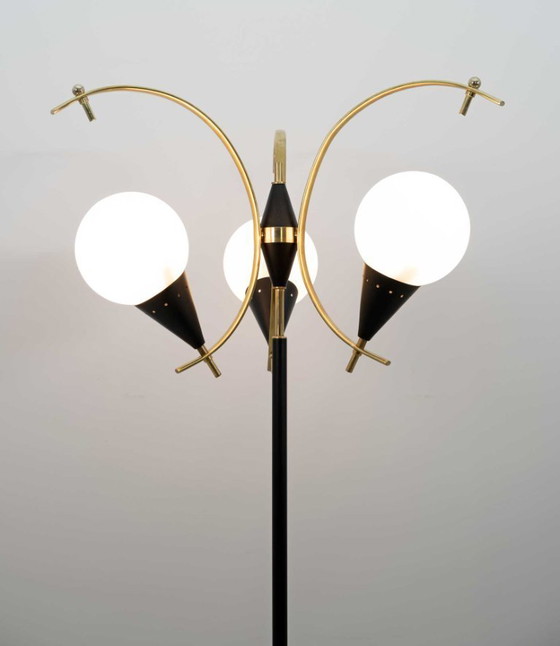 Image 1 of Stilnovo Mid-Century Modern Italian Brass and Opaline Glass Floor Lamp, 1950s