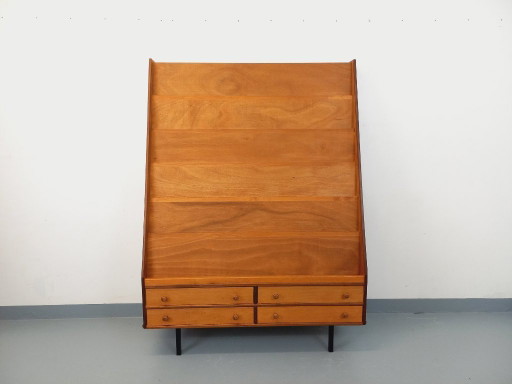 Vintage houten vitrinekast/boekenkast met lades uit de jaren 60.