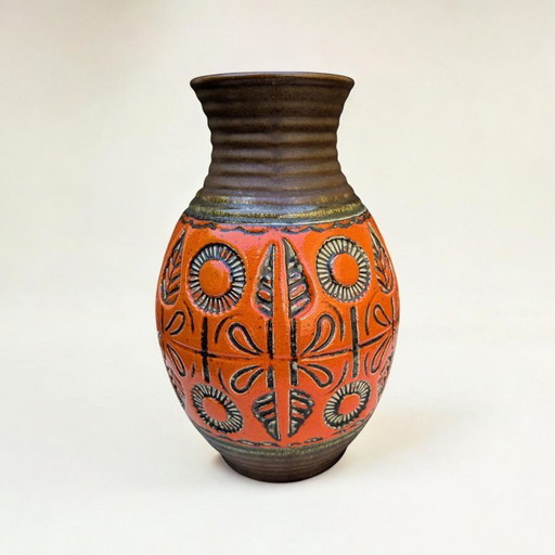 Vase Wekara vintage, céramique West Germany des années 60, brun avec glaçure rouge & motif floral