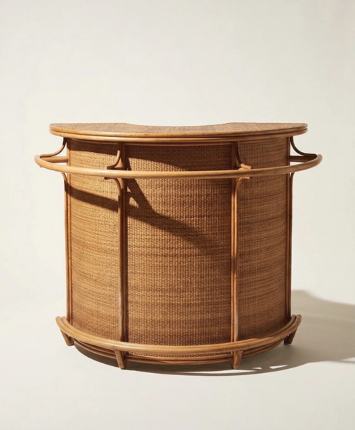 Half-moon bar in rattan and woven wicker – Vintage work, circa 1960-1970