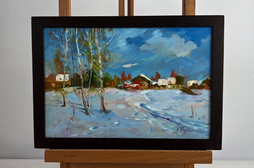 Original Oil Painting Snow Village Landscape Winter path leading home