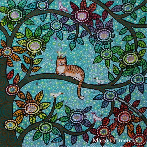 Handgeschilderd Schilderijtje Kat & Vogeltjes Nieuw 20x20 cm