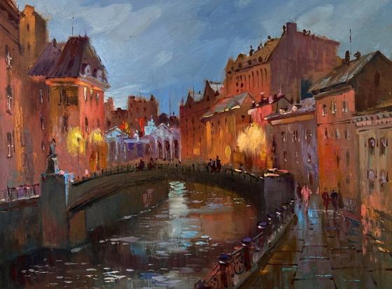 Image 1 of Original Oil Painting Evening Bridge Landscape Streets of the city at night
