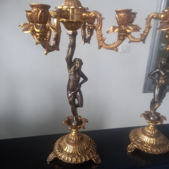 Image 1 of Paire Splendide Bougeoir Candelabre Bronze Doré  Femme Nue