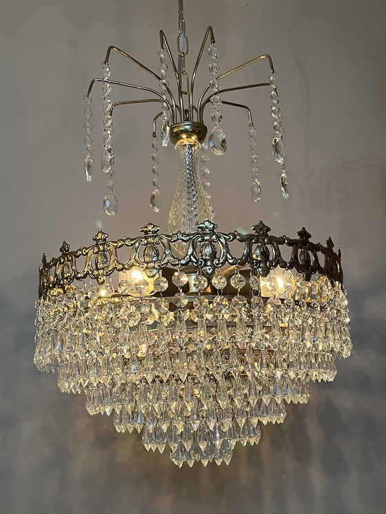 Image 1 of Vintage Crystal Chandelier Pendant Lamp Bronze Gold Frame