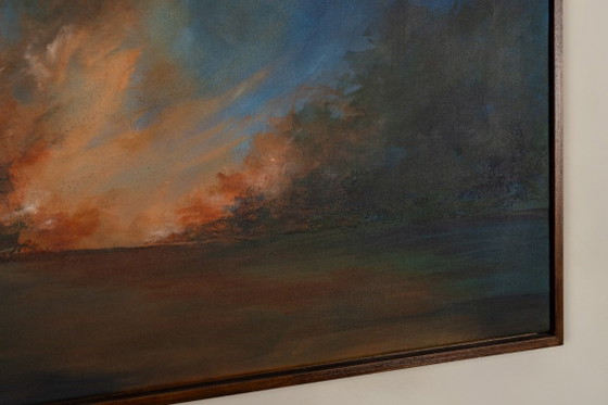 Large Original Blue and Orange Abstract Landscape Painting, Textured Acrylic Canvas - Whispering Embers (photo 10 of 23)
