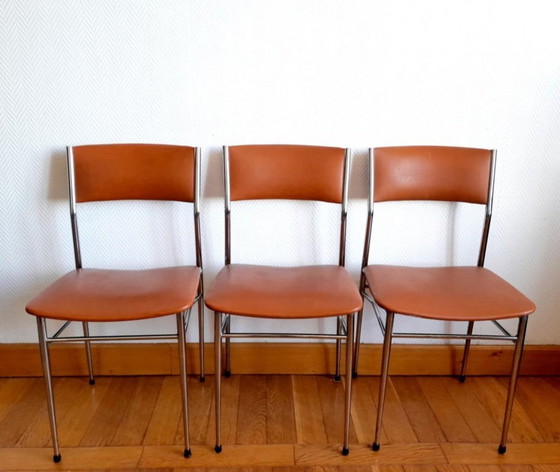 Image 1 of 3x Stühle aus der Mitte des Jahrhunderts, bezogen mit Kunstleder und Chrom, ca. 1950