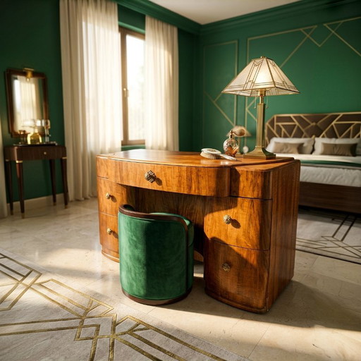 Scrivania Art Déco in noce stile Streamline, circa 1935 – bijzettafels, Wood