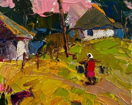 Image 1 of Original Oil Painting Summer Village Landscape The tenderness of dawn