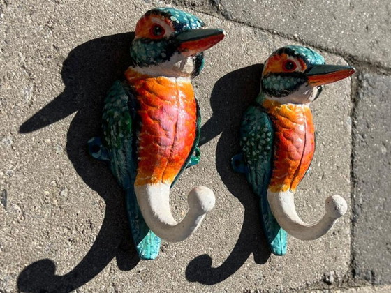 Image 1 of Set of 2 cast iron kingfisher bird sculptures that also serve as sturdy wall hooks - Free Shipping