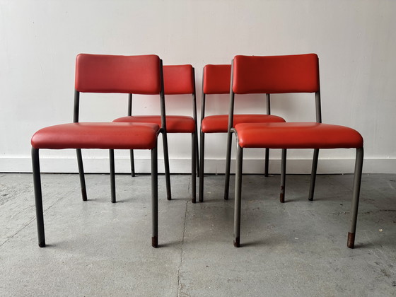 Image 1 of Set Of 4 Vintage Stacking Chairs With Red Vinyl