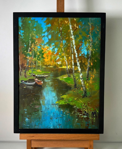 Peinture à l'huile originale, paysage naturel : une rivière dans la forêt d'automne