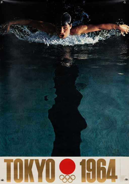 Originele vintage Olympische poster van de Olympische Spelen van Tokio 1964 (zwemmen) van Yusaku Kamekura – Mid-Century