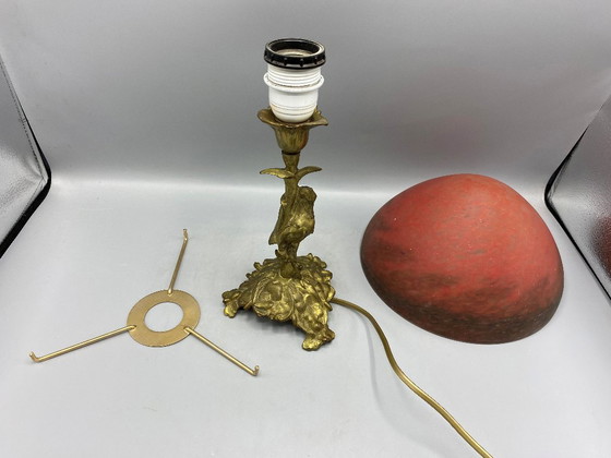 Image 1 of Art Nouveau style brass table lamp with red/black mushroom art de France glass