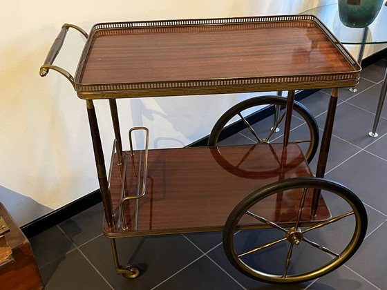 Image 1 of Elegante Midcentury vintage bar cart / serveerwagen – messing & massief mahonie ‘40/‘50