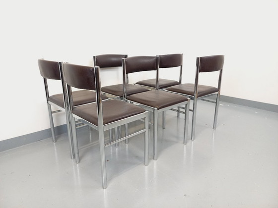 Image 1 of Set di 6 sedie vintage anni '70 in metallo cromato e similpelle marrone