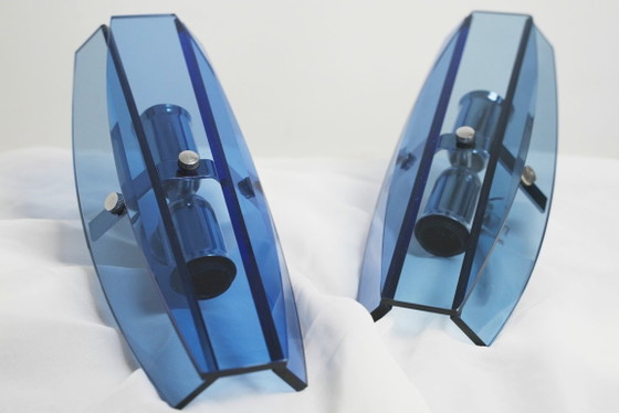Image 1 of Veca blauwe glazen Italiaanse wandlampen set van 2 Fontana Arte mid-century moderne facetglazen lampen