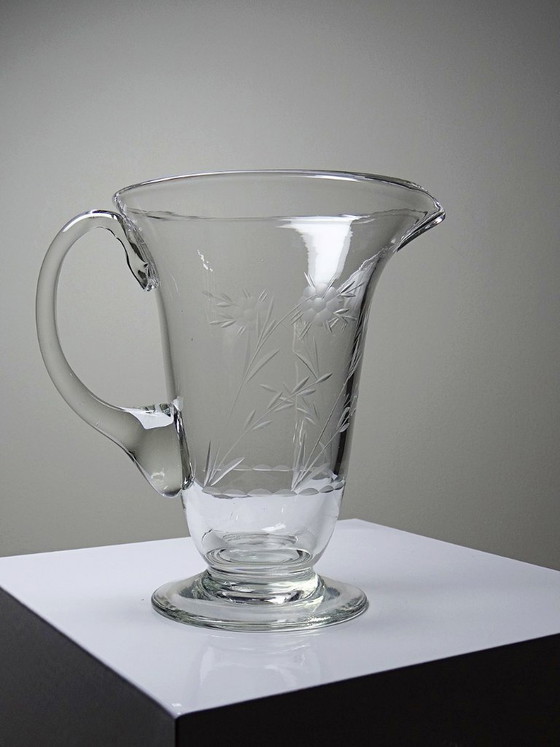 Image 1 of Antique wheel-engraved glass pitcher with vegetal decoration, Bohemia, early 20th century