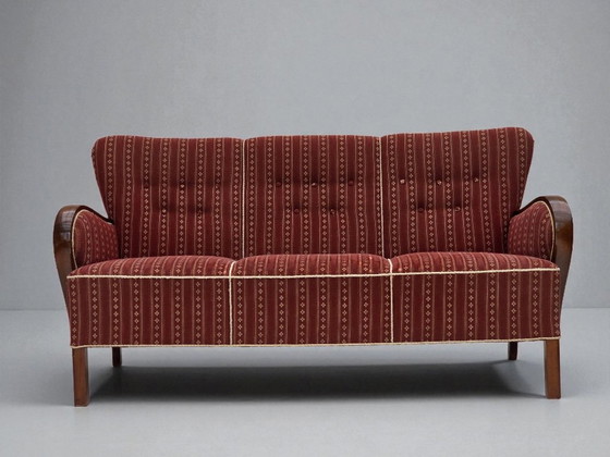 Image 1 of 1960s, Danish 3-seater sofa, red furniture wool, beech wood.